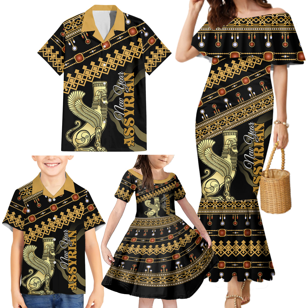 Assyrian New Year Family Matching Mermaid Dress and Hawaiian Shirt Akitu 6774 Kha B Nissan - Wonder Print Shop