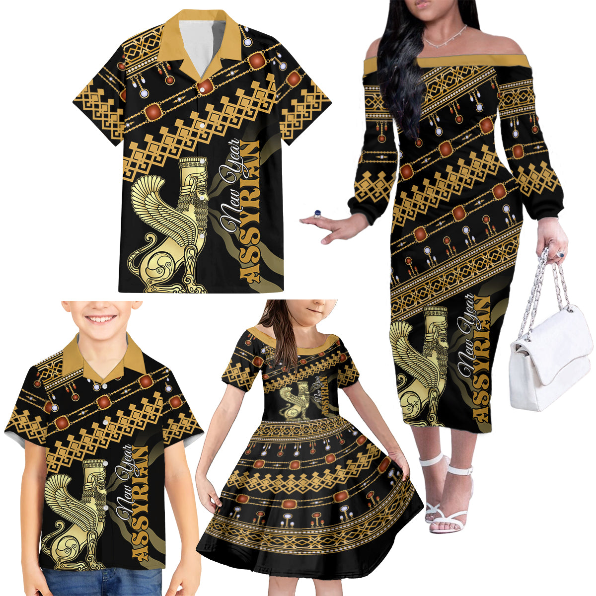 Assyrian New Year Family Matching Off The Shoulder Long Sleeve Dress and Hawaiian Shirt Akitu 6774 Kha B Nissan - Wonder Print Shop