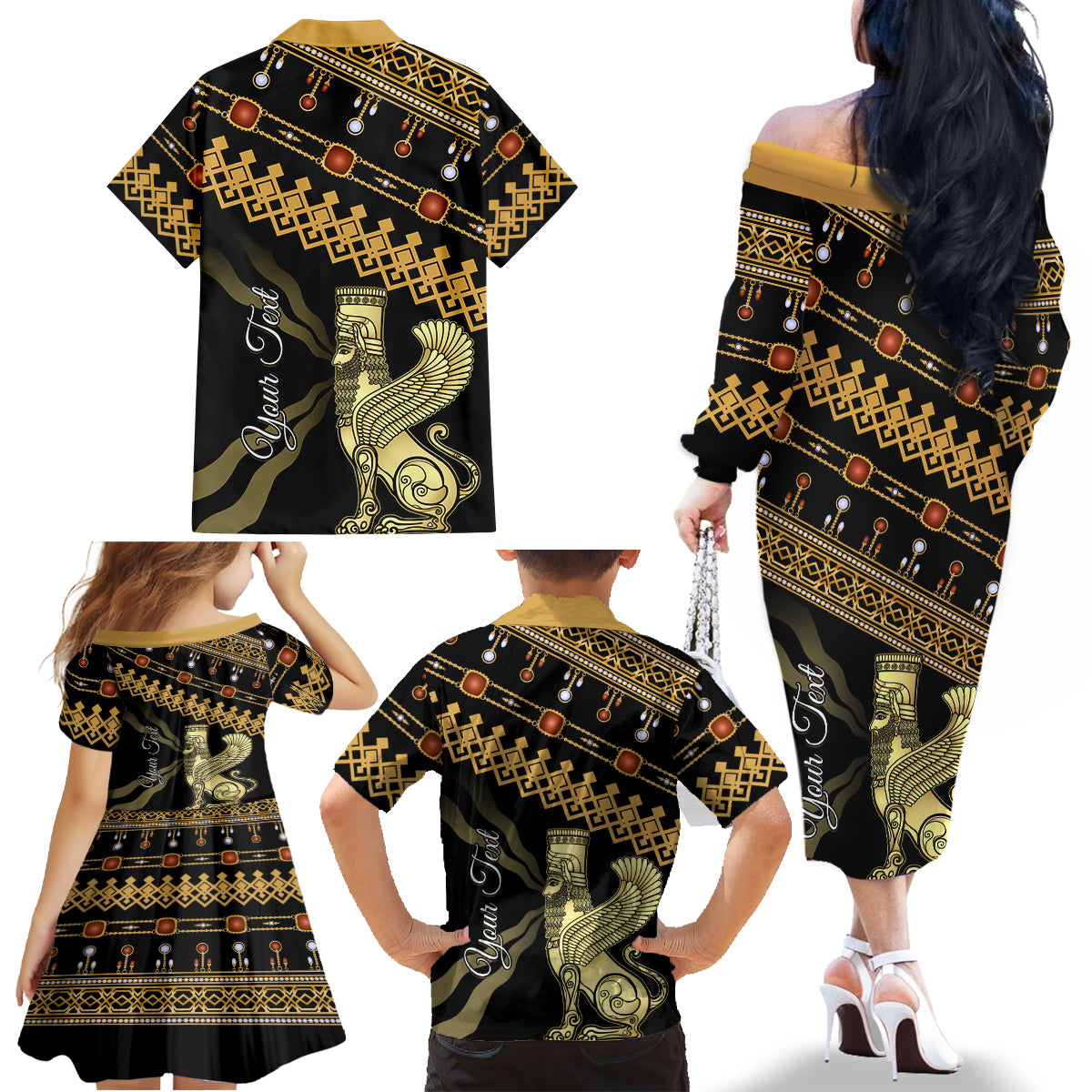 Assyrian New Year Family Matching Off The Shoulder Long Sleeve Dress and Hawaiian Shirt Akitu 6774 Kha B Nissan - Wonder Print Shop