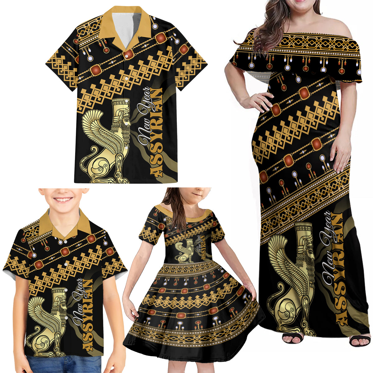 Assyrian New Year Family Matching Off Shoulder Maxi Dress and Hawaiian Shirt Akitu 6774 Kha B Nissan - Wonder Print Shop