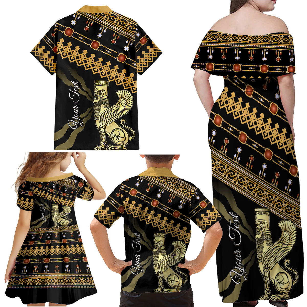Assyrian New Year Family Matching Off Shoulder Maxi Dress and Hawaiian Shirt Akitu 6774 Kha B Nissan - Wonder Print Shop