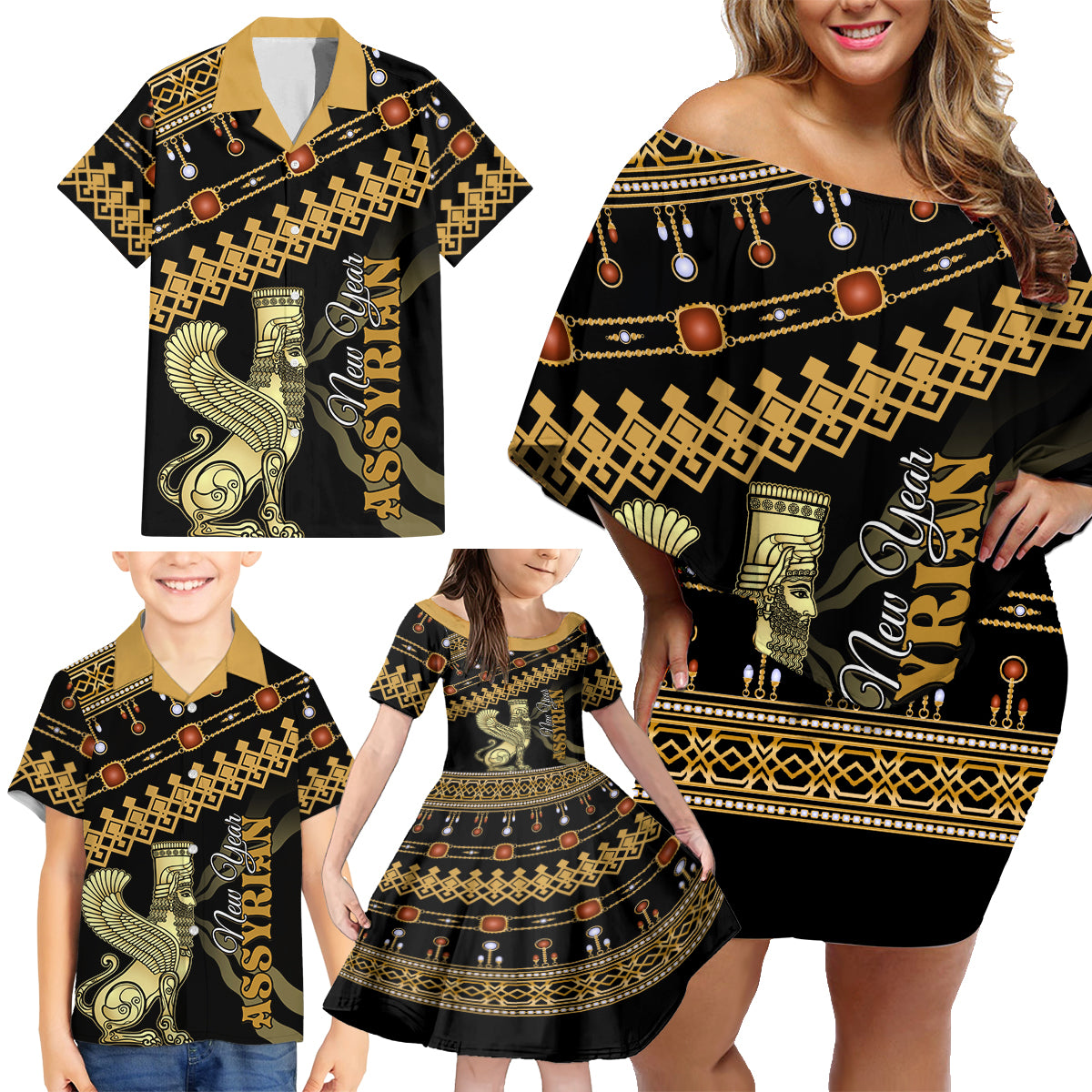 Assyrian New Year Family Matching Off Shoulder Short Dress and Hawaiian Shirt Akitu 6774 Kha B Nissan - Wonder Print Shop