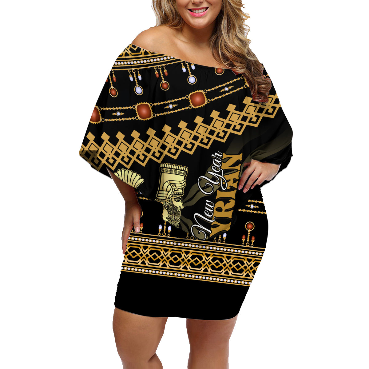 Assyrian New Year Family Matching Off Shoulder Short Dress and Hawaiian Shirt Akitu 6774 Kha B Nissan - Wonder Print Shop