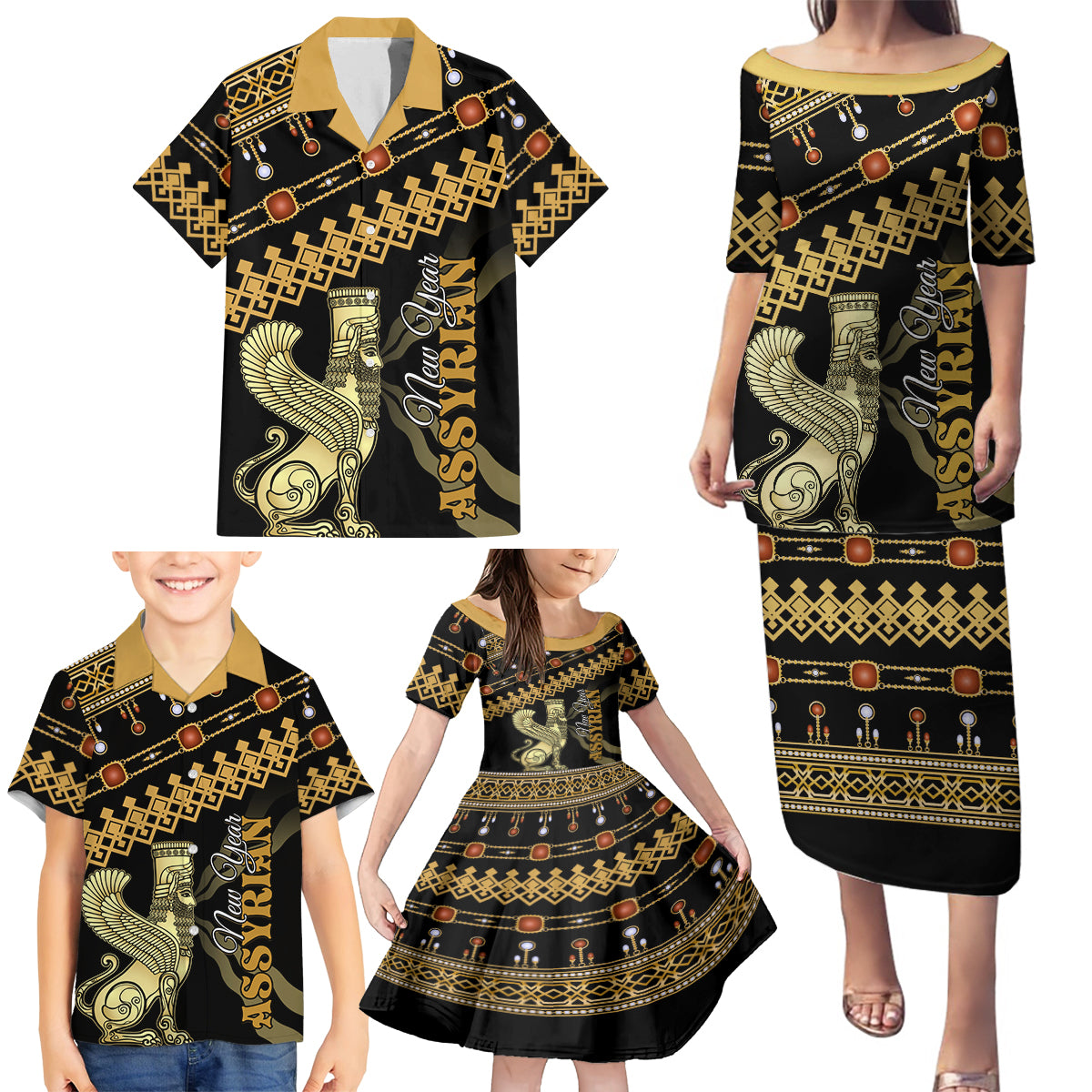 Assyrian New Year Family Matching Puletasi and Hawaiian Shirt Akitu 6774 Kha B Nissan - Wonder Print Shop