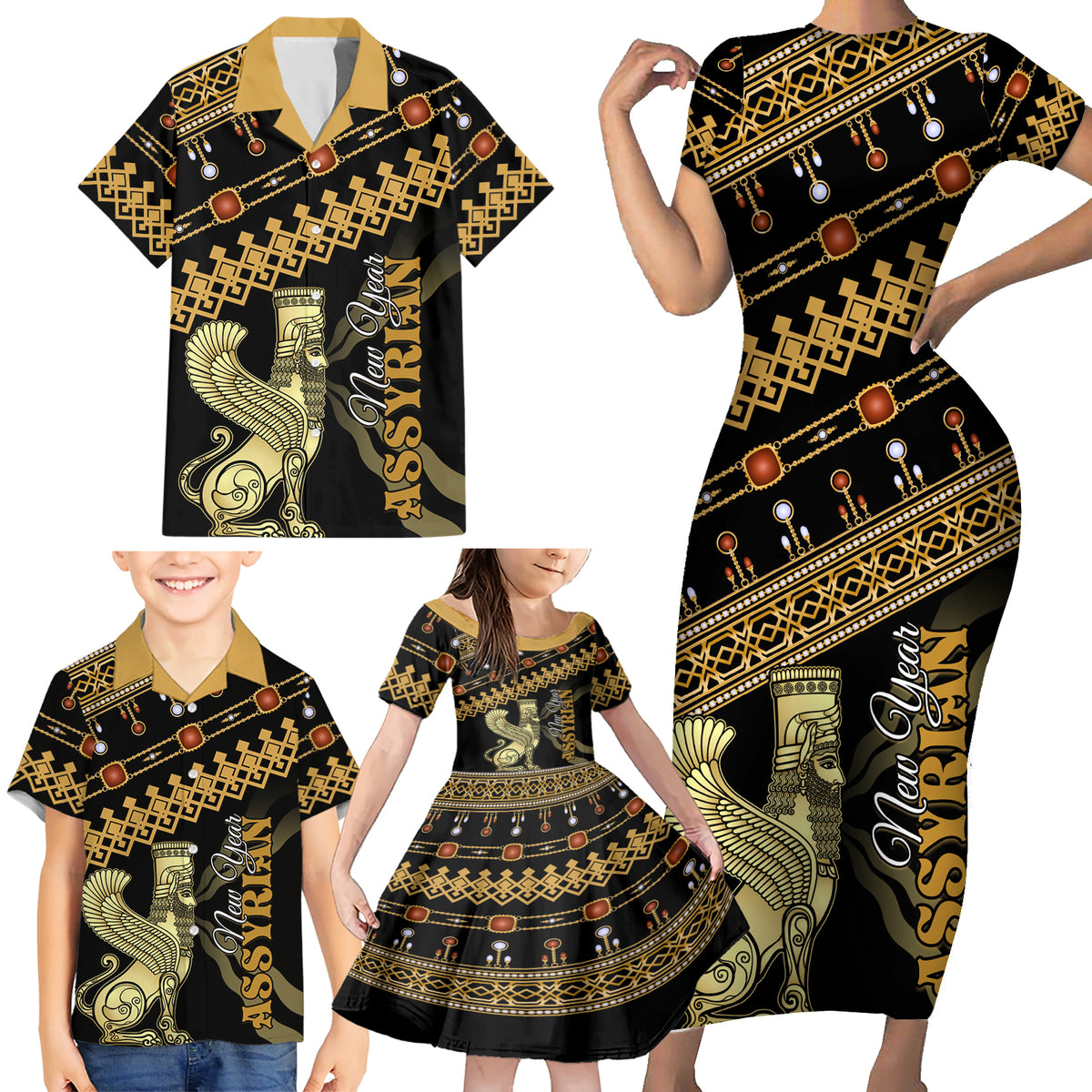 Assyrian New Year Family Matching Short Sleeve Bodycon Dress and Hawaiian Shirt Akitu 6774 Kha B Nissan - Wonder Print Shop