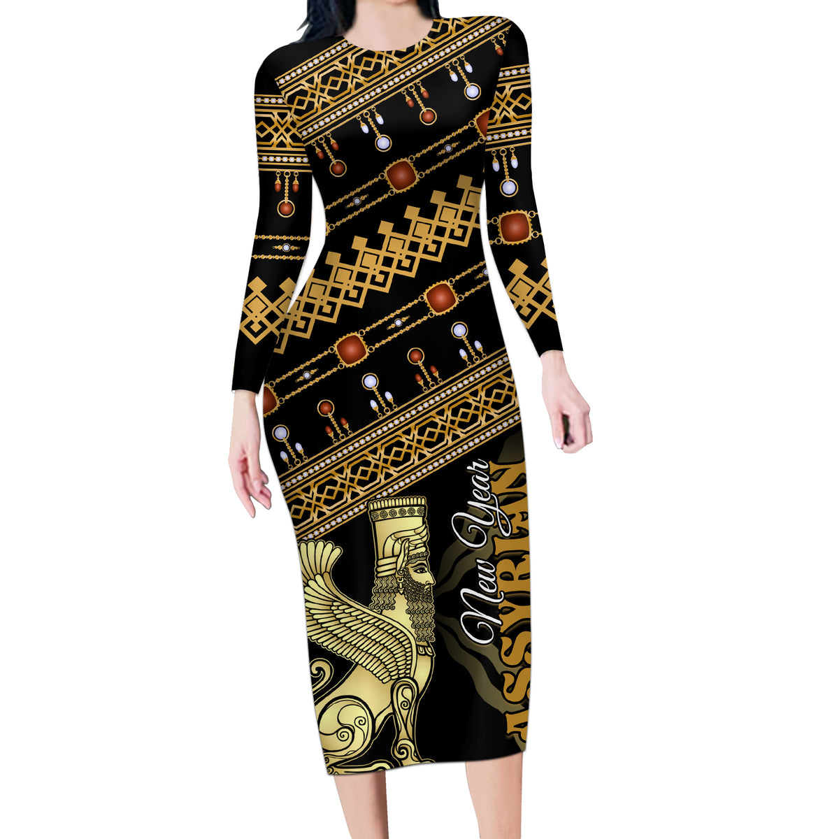 Assyrian New Year Long Sleeve Bodycon Dress Akitu 6774 Kha B Nissan - Wonder Print Shop