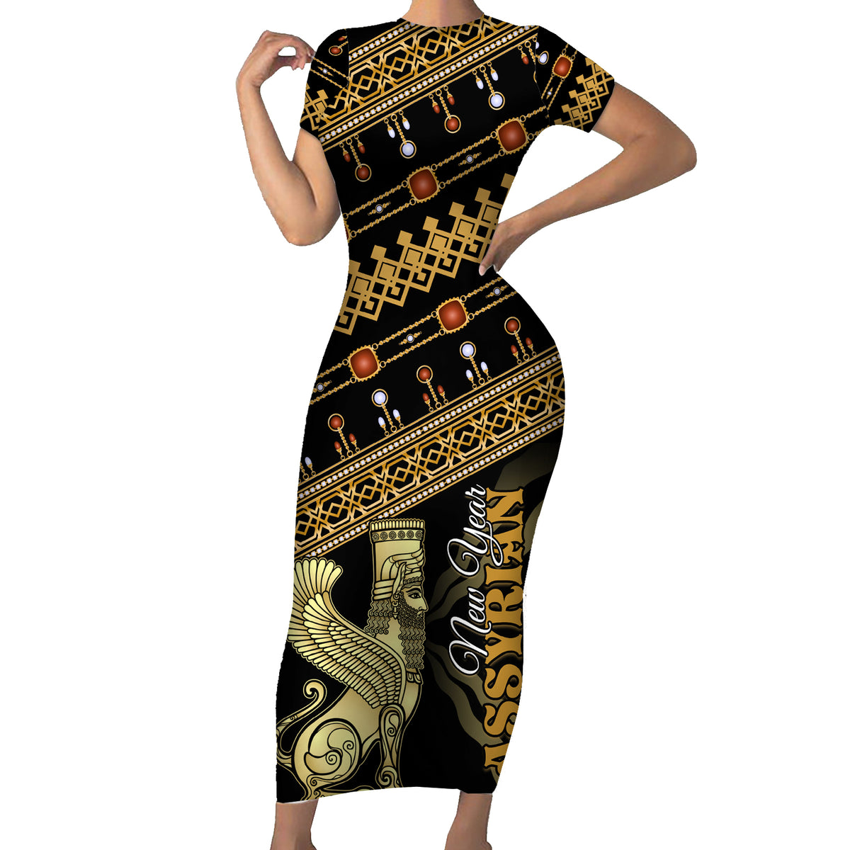 Assyrian New Year Short Sleeve Bodycon Dress Akitu 6774 Kha B Nissan - Wonder Print Shop