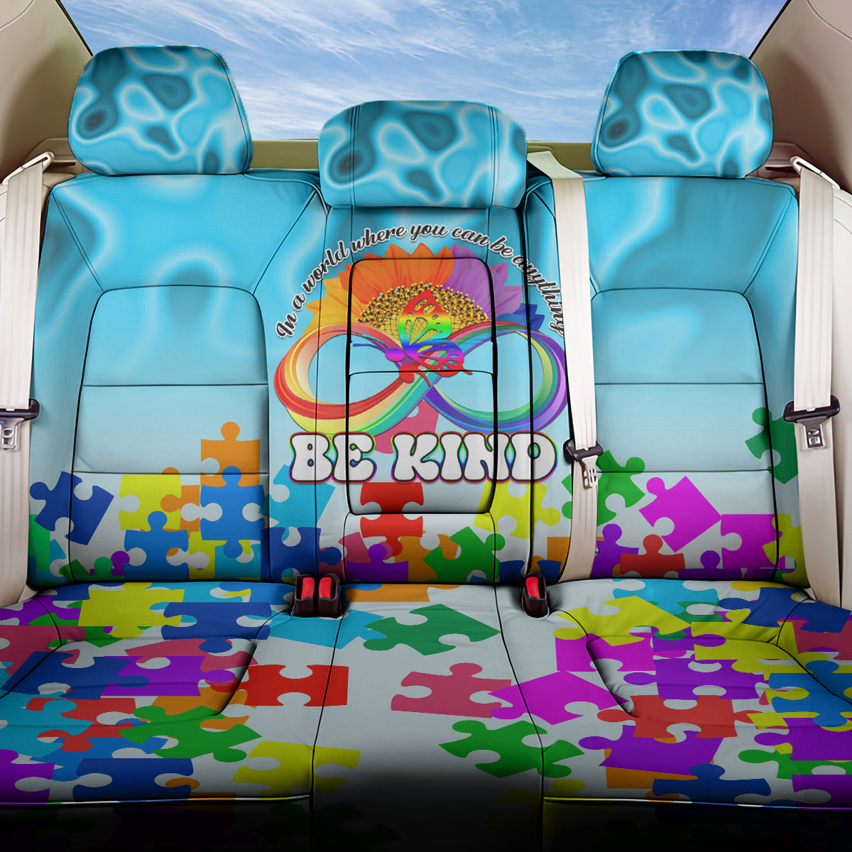 World Autism Awareness Day 2024 Back Car Seat Cover In A World Where You Can Be Anything Be Kind - Wonder Print Shop