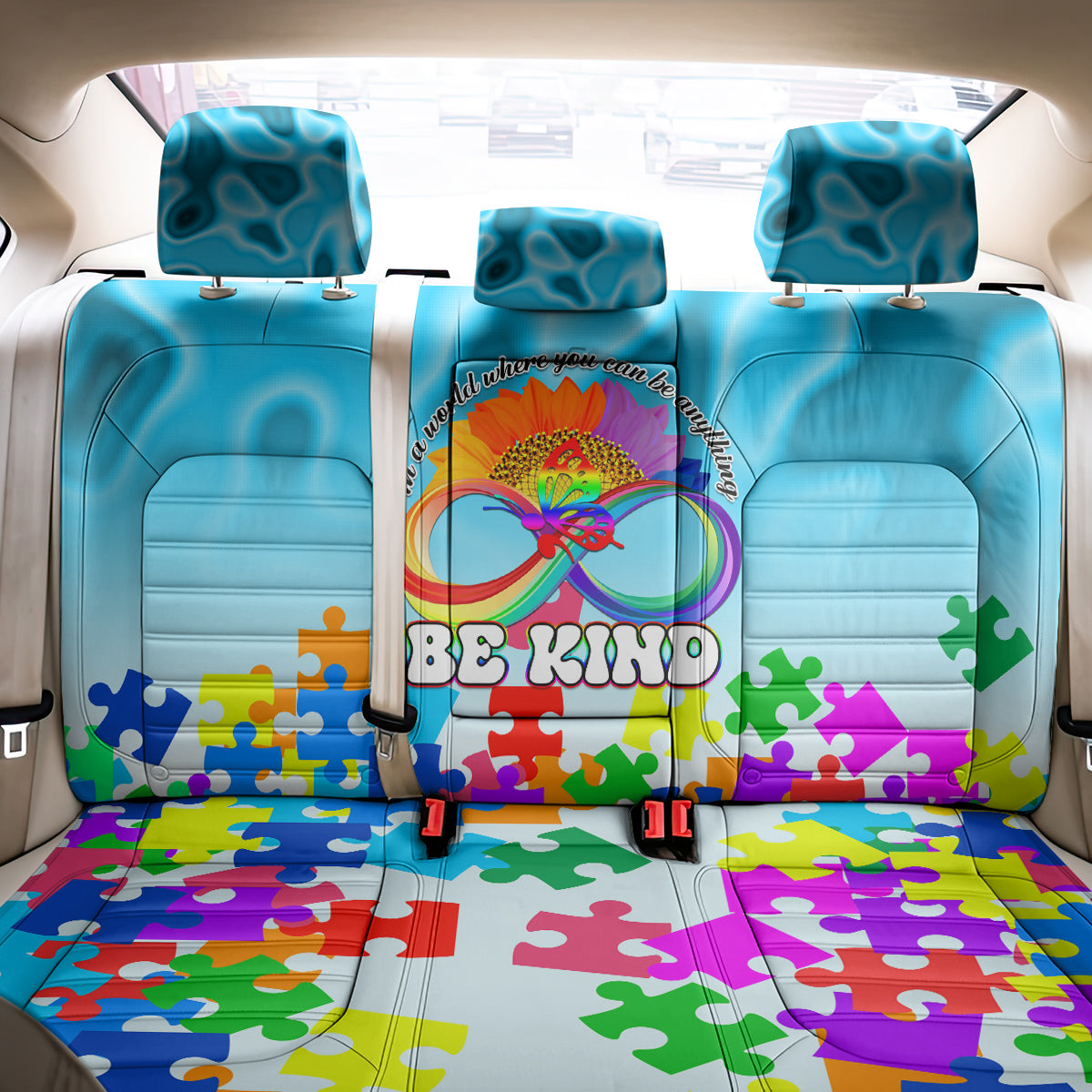 World Autism Awareness Day 2024 Back Car Seat Cover In A World Where You Can Be Anything Be Kind - Wonder Print Shop