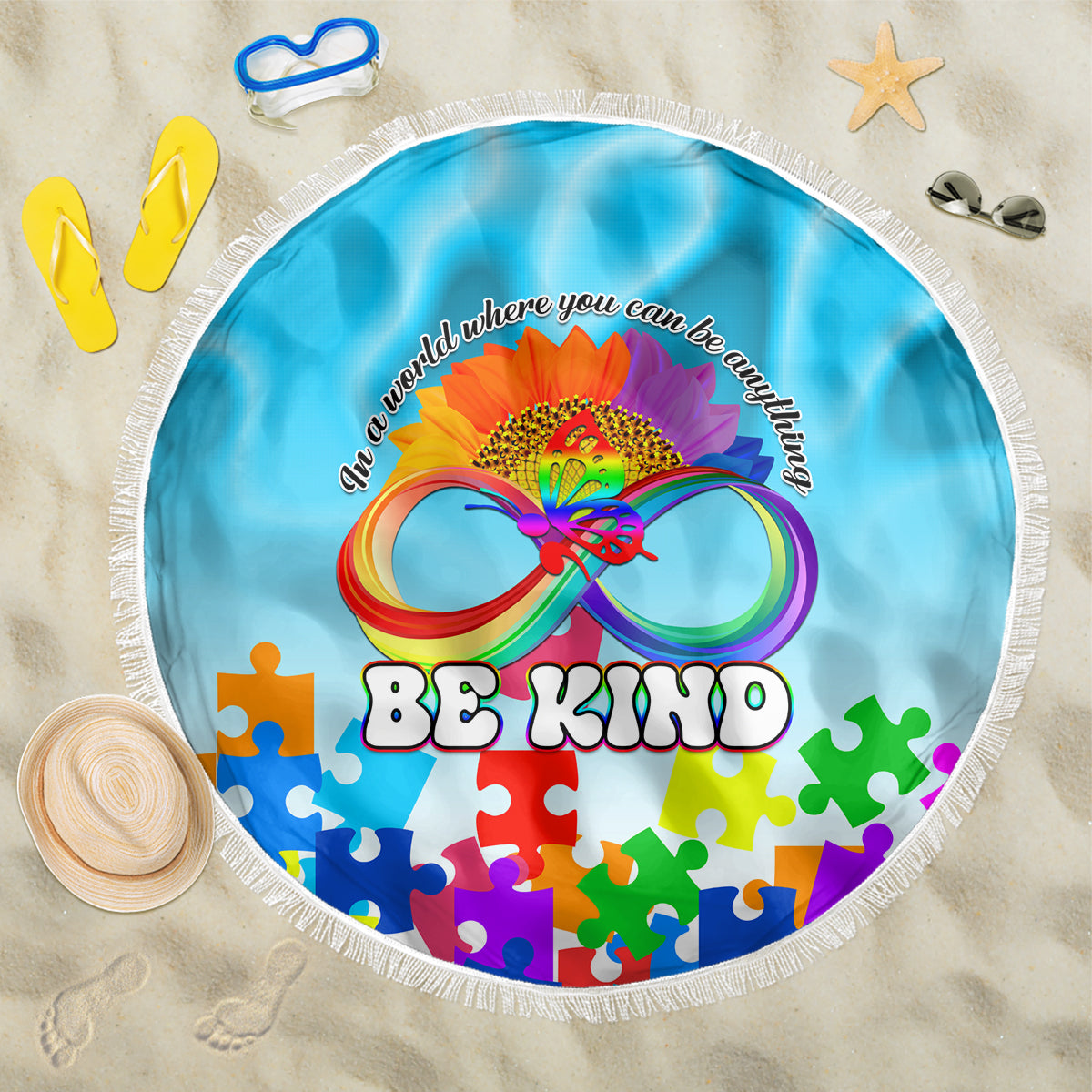 World Autism Awareness Day 2024 Beach Blanket In A World Where You Can Be Anything Be Kind - Wonder Print Shop