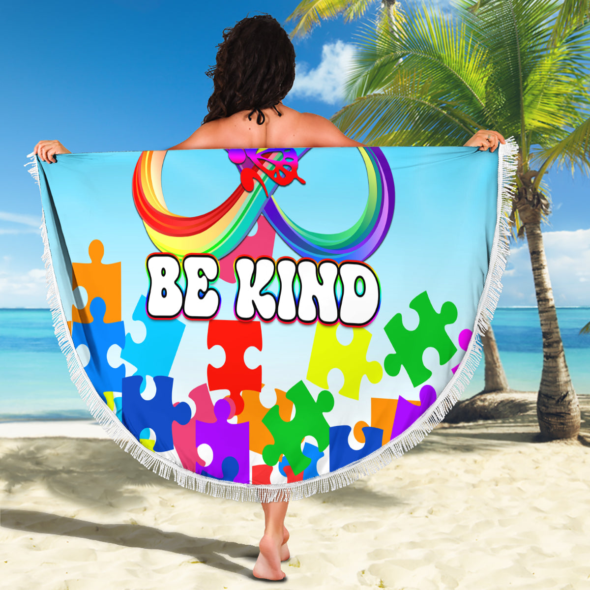 World Autism Awareness Day 2024 Beach Blanket In A World Where You Can Be Anything Be Kind - Wonder Print Shop