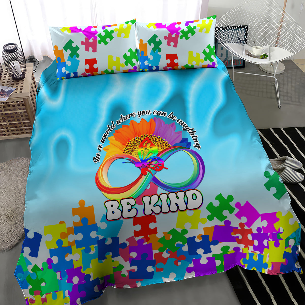 World Autism Awareness Day 2024 Bedding Set In A World Where You Can Be Anything Be Kind - Wonder Print Shop
