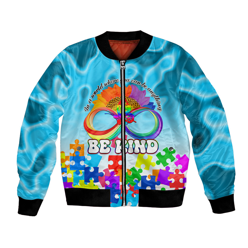 World Autism Awareness Day 2024 Bomber Jacket In A World Where You Can Be Anything Be Kind - Wonder Print Shop