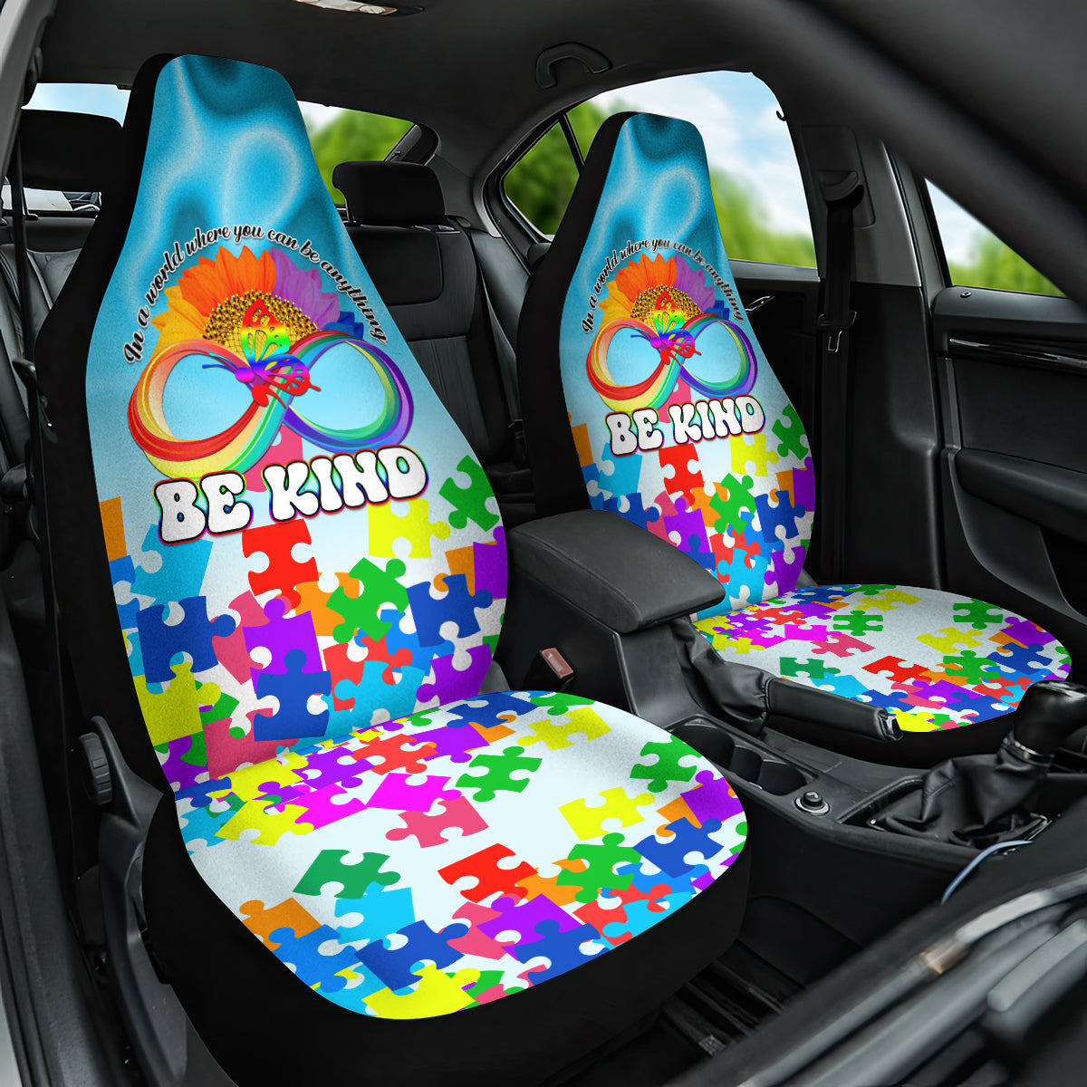 World Autism Awareness Day 2024 Car Seat Cover In A World Where You Can Be Anything Be Kind - Wonder Print Shop