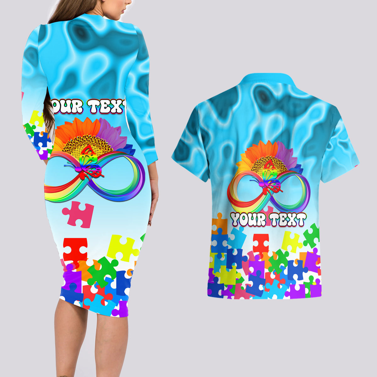World Autism Awareness Day 2024 Couples Matching Long Sleeve Bodycon Dress and Hawaiian Shirt In A World Where You Can Be Anything Be Kind - Wonder Print Shop