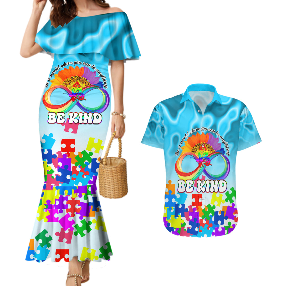 World Autism Awareness Day 2024 Couples Matching Mermaid Dress and Hawaiian Shirt In A World Where You Can Be Anything Be Kind - Wonder Print Shop