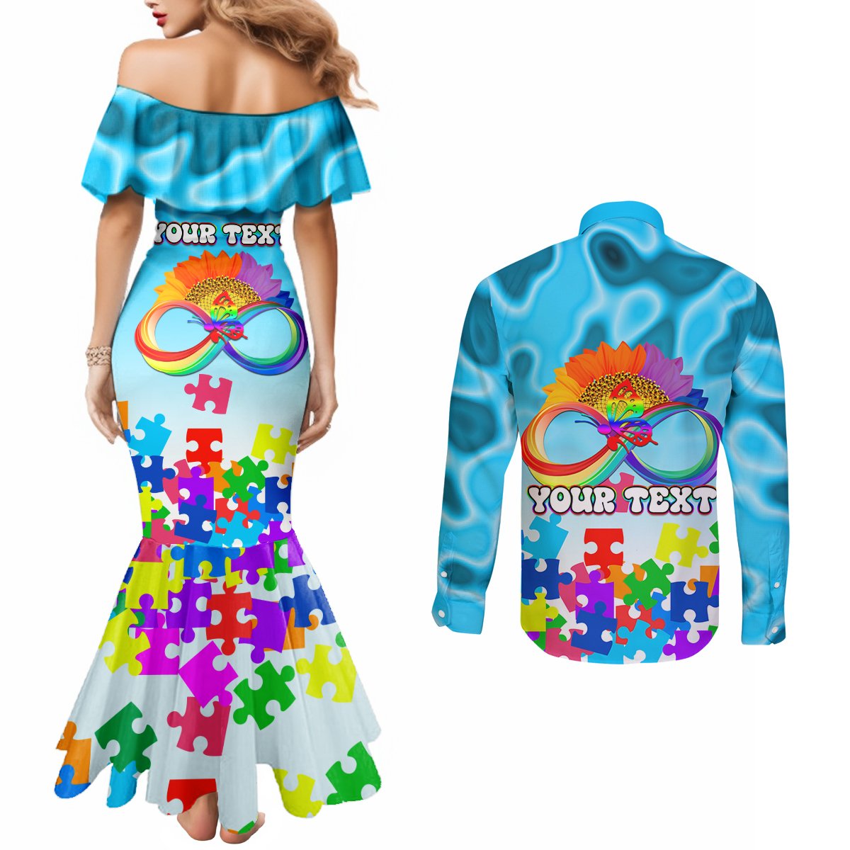 World Autism Awareness Day 2024 Couples Matching Mermaid Dress and Long Sleeve Button Shirt In A World Where You Can Be Anything Be Kind