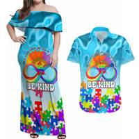 World Autism Awareness Day 2024 Couples Matching Off Shoulder Maxi Dress and Hawaiian Shirt In A World Where You Can Be Anything Be Kind - Wonder Print Shop