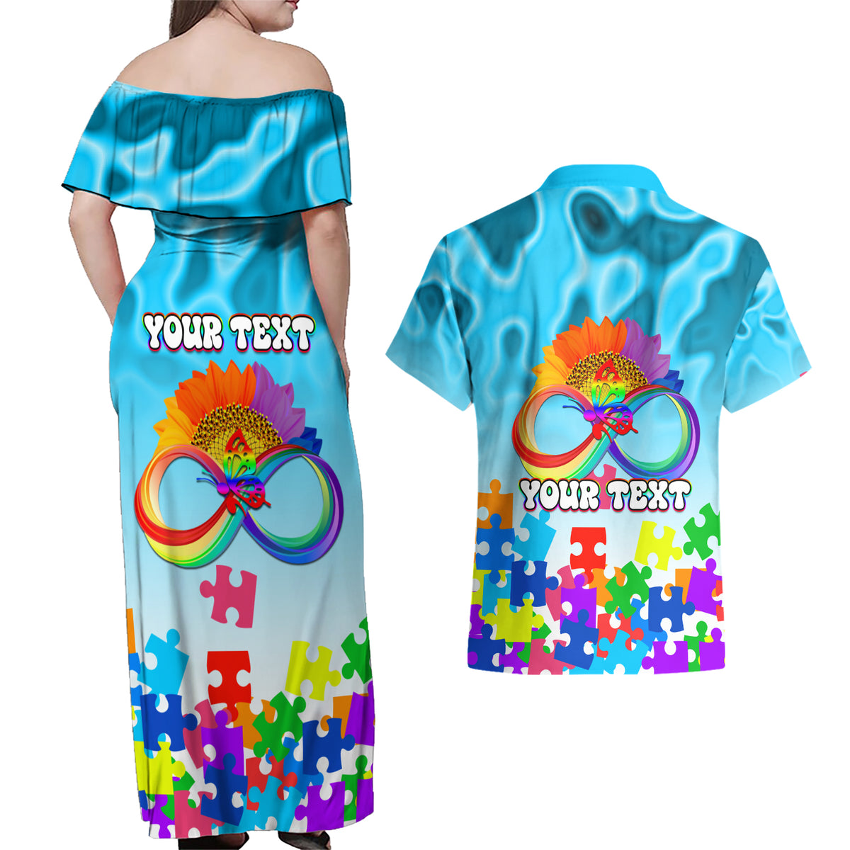 World Autism Awareness Day 2024 Couples Matching Off Shoulder Maxi Dress and Hawaiian Shirt In A World Where You Can Be Anything Be Kind - Wonder Print Shop