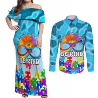 World Autism Awareness Day 2024 Couples Matching Off Shoulder Maxi Dress and Long Sleeve Button Shirt In A World Where You Can Be Anything Be Kind - Wonder Print Shop
