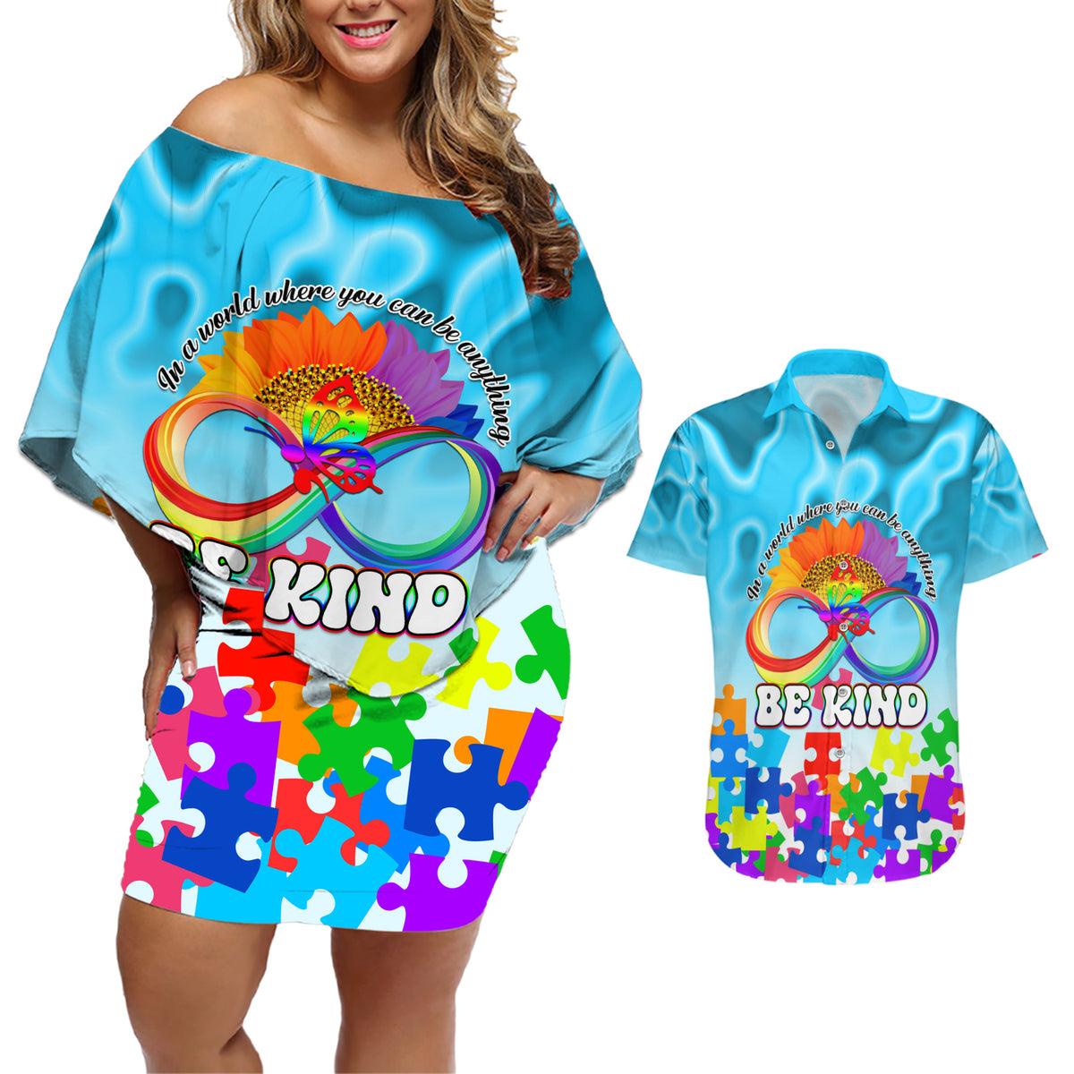 World Autism Awareness Day 2024 Couples Matching Off Shoulder Short Dress and Hawaiian Shirt In A World Where You Can Be Anything Be Kind - Wonder Print Shop