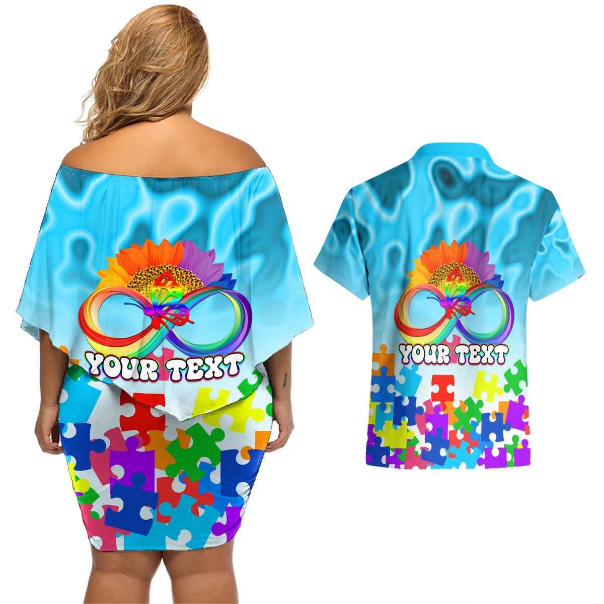World Autism Awareness Day 2024 Couples Matching Off Shoulder Short Dress and Hawaiian Shirt In A World Where You Can Be Anything Be Kind - Wonder Print Shop
