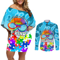 World Autism Awareness Day 2024 Couples Matching Off Shoulder Short Dress and Long Sleeve Button Shirt In A World Where You Can Be Anything Be Kind - Wonder Print Shop
