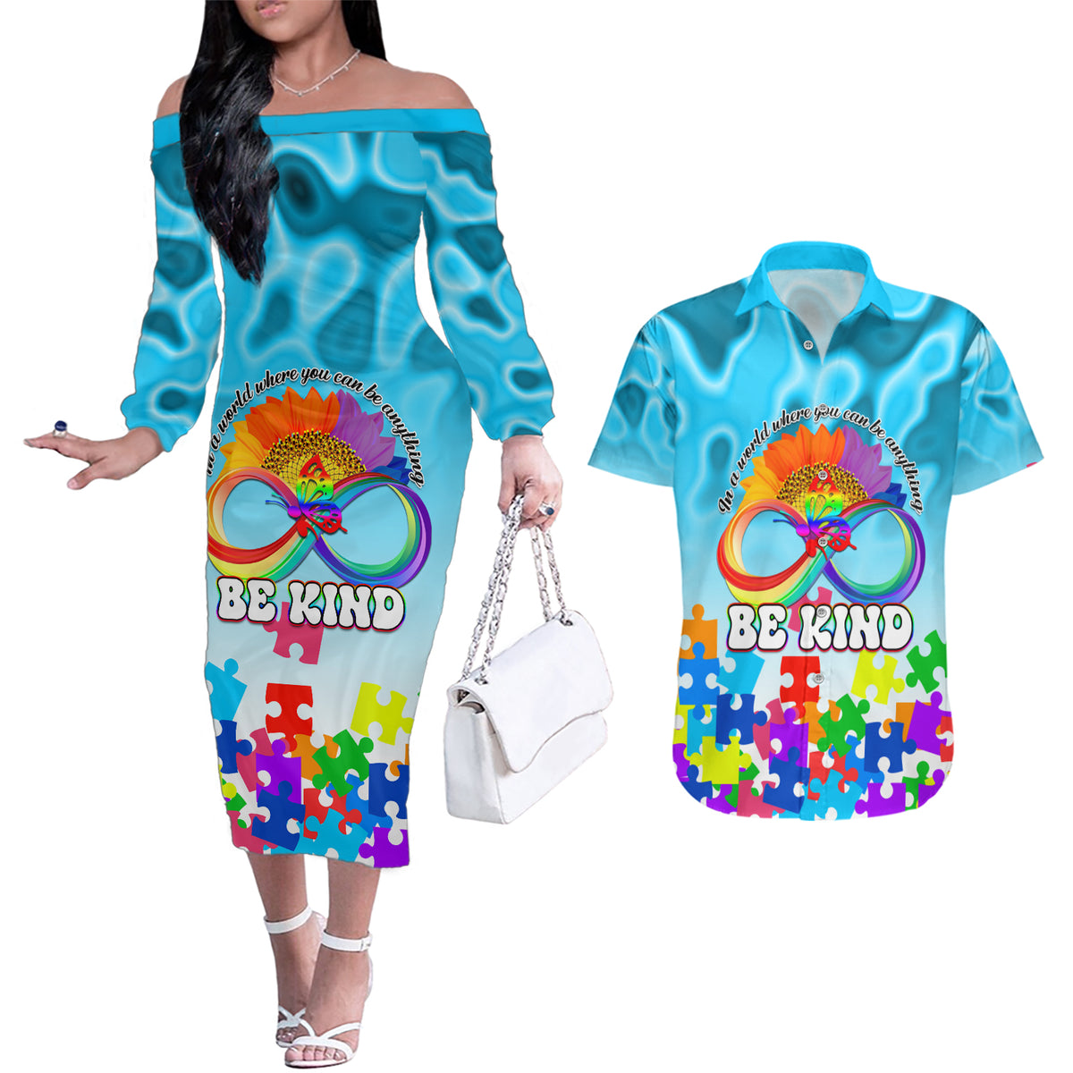 World Autism Awareness Day 2024 Couples Matching Off The Shoulder Long Sleeve Dress and Hawaiian Shirt In A World Where You Can Be Anything Be Kind - Wonder Print Shop