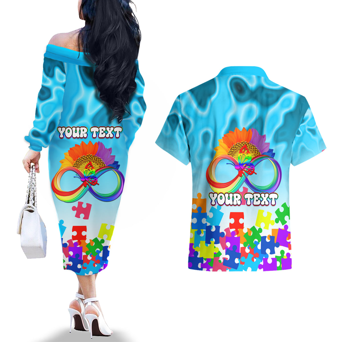 World Autism Awareness Day 2024 Couples Matching Off The Shoulder Long Sleeve Dress and Hawaiian Shirt In A World Where You Can Be Anything Be Kind - Wonder Print Shop