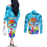 World Autism Awareness Day 2024 Couples Matching Off The Shoulder Long Sleeve Dress and Long Sleeve Button Shirt In A World Where You Can Be Anything Be Kind