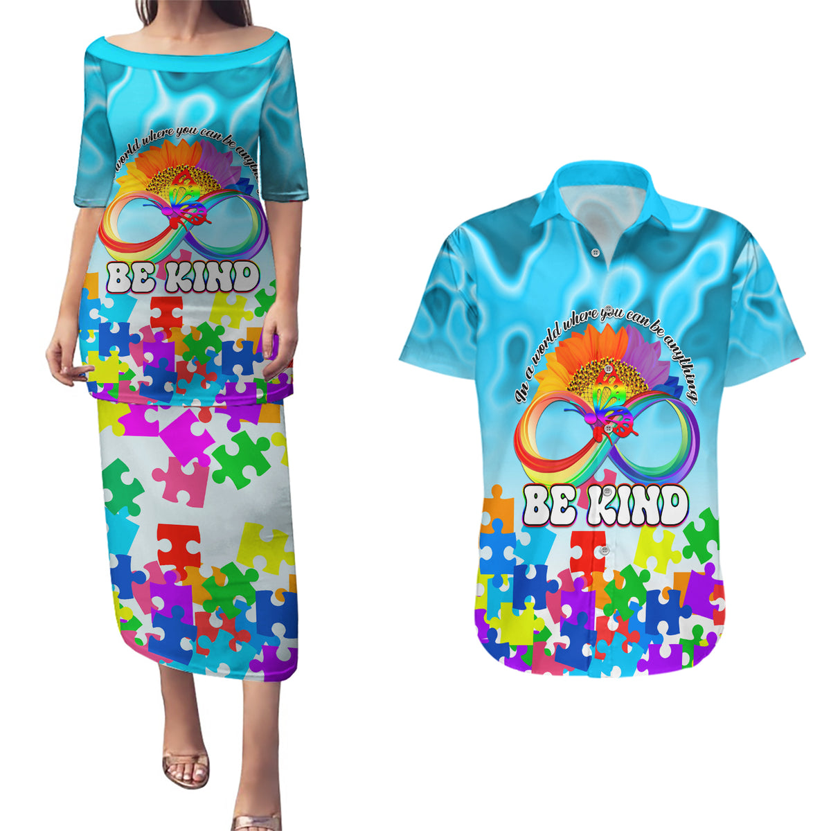 World Autism Awareness Day 2024 Couples Matching Puletasi and Hawaiian Shirt In A World Where You Can Be Anything Be Kind - Wonder Print Shop