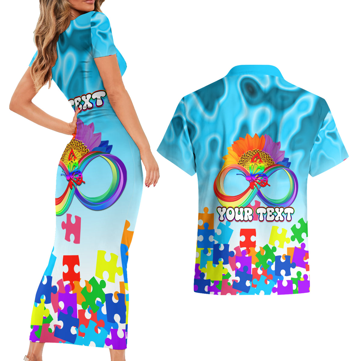 World Autism Awareness Day 2024 Couples Matching Short Sleeve Bodycon Dress and Hawaiian Shirt In A World Where You Can Be Anything Be Kind - Wonder Print Shop