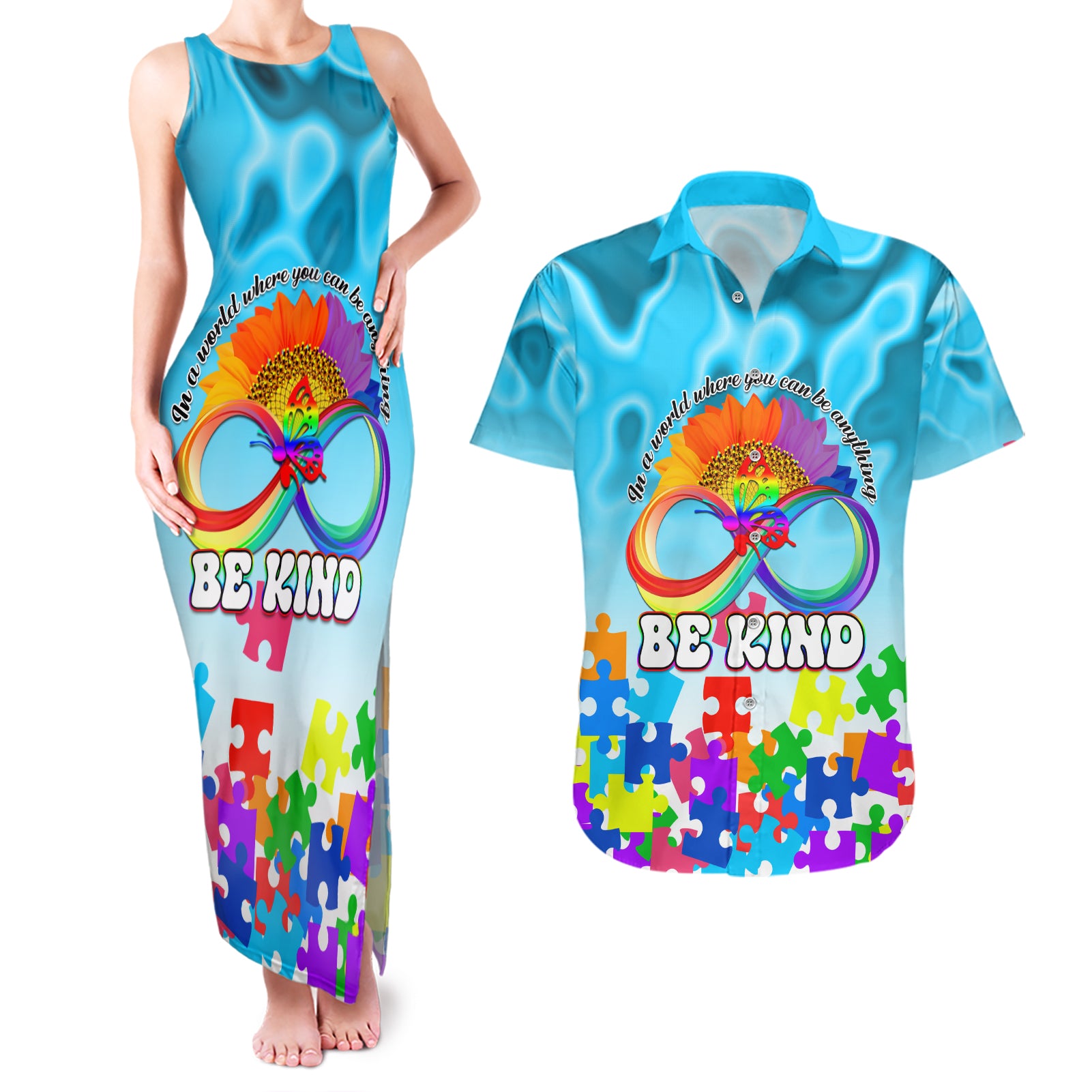 World Autism Awareness Day 2024 Couples Matching Tank Maxi Dress and Hawaiian Shirt In A World Where You Can Be Anything Be Kind - Wonder Print Shop