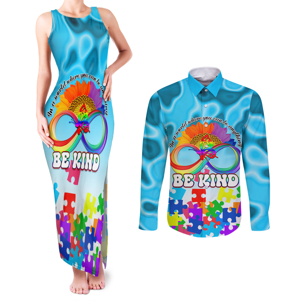 World Autism Awareness Day 2024 Couples Matching Tank Maxi Dress and Long Sleeve Button Shirt In A World Where You Can Be Anything Be Kind - Wonder Print Shop