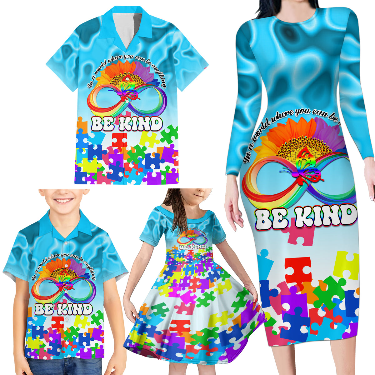 World Autism Awareness Day 2024 Family Matching Long Sleeve Bodycon Dress and Hawaiian Shirt In A World Where You Can Be Anything Be Kind - Wonder Print Shop