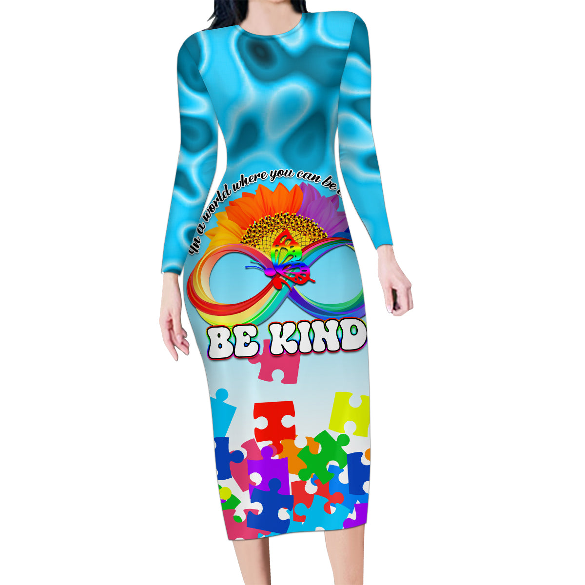 World Autism Awareness Day 2024 Family Matching Long Sleeve Bodycon Dress and Hawaiian Shirt In A World Where You Can Be Anything Be Kind - Wonder Print Shop