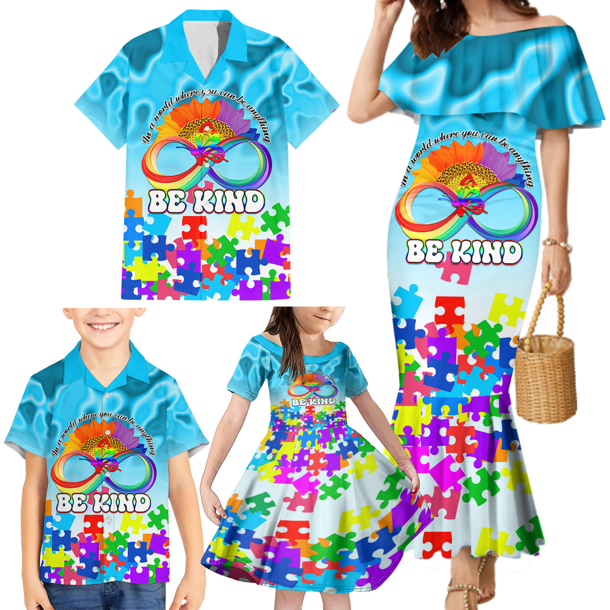 World Autism Awareness Day 2024 Family Matching Mermaid Dress and Hawaiian Shirt In A World Where You Can Be Anything Be Kind - Wonder Print Shop