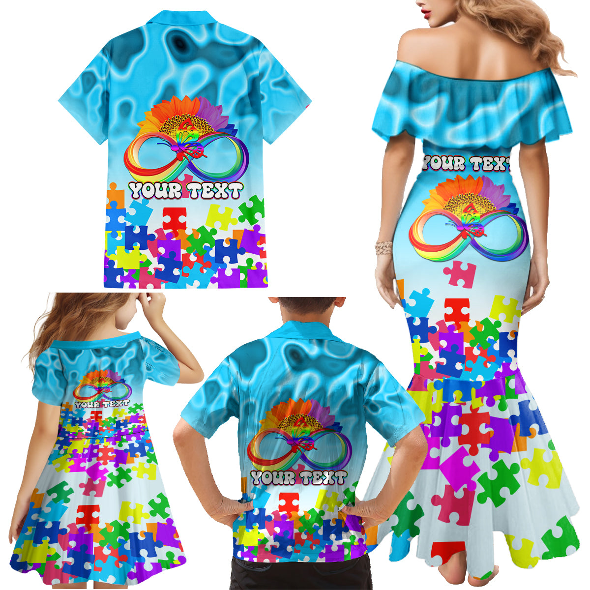 World Autism Awareness Day 2024 Family Matching Mermaid Dress and Hawaiian Shirt In A World Where You Can Be Anything Be Kind - Wonder Print Shop