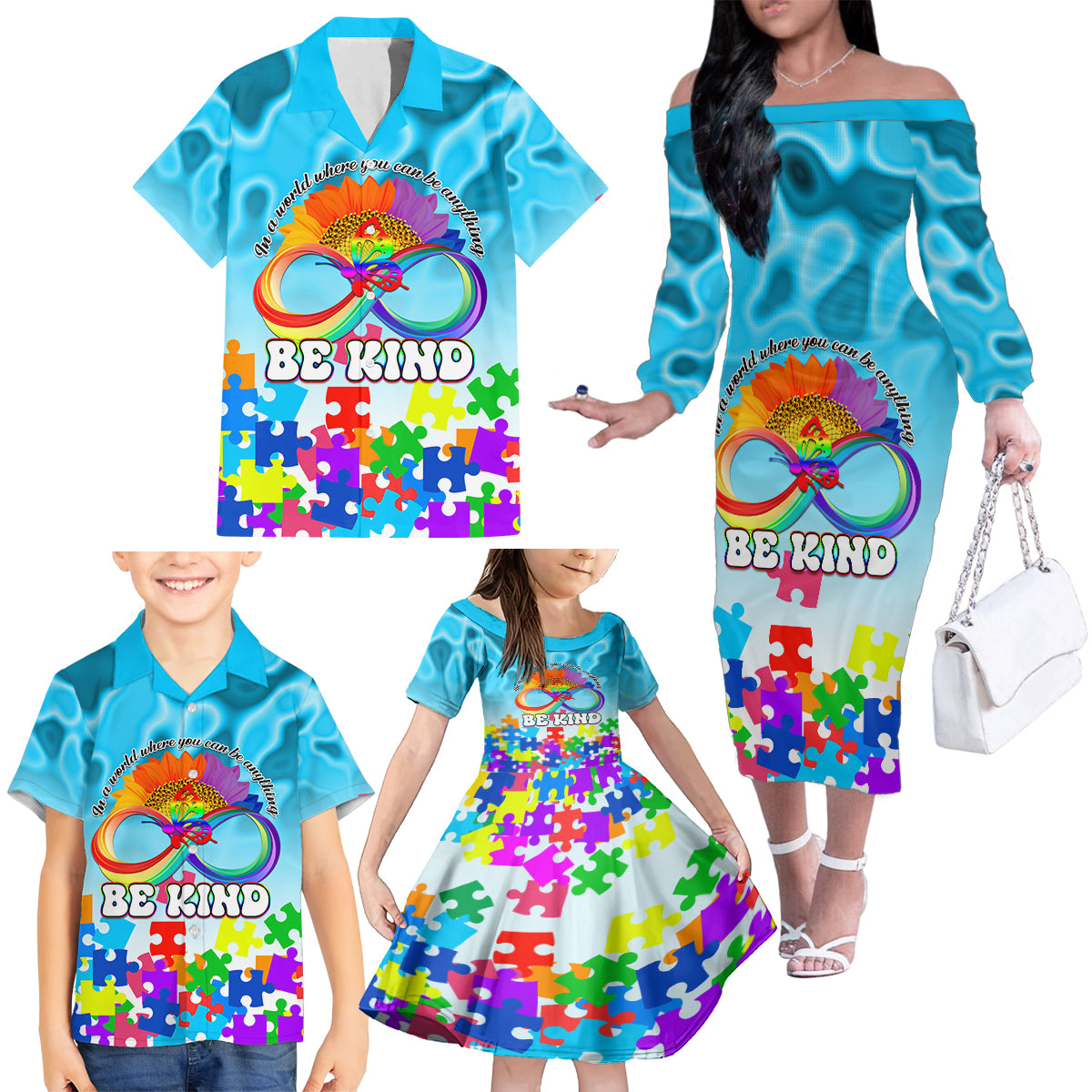 World Autism Awareness Day 2024 Family Matching Off The Shoulder Long Sleeve Dress and Hawaiian Shirt In A World Where You Can Be Anything Be Kind - Wonder Print Shop