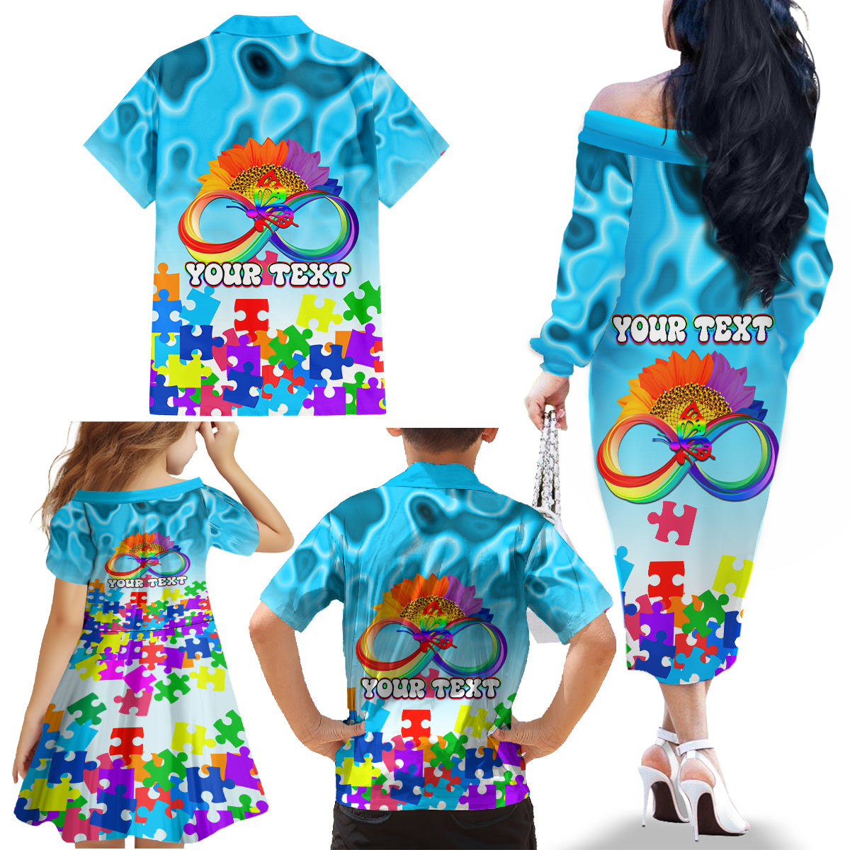 World Autism Awareness Day 2024 Family Matching Off The Shoulder Long Sleeve Dress and Hawaiian Shirt In A World Where You Can Be Anything Be Kind - Wonder Print Shop