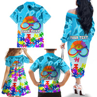 World Autism Awareness Day 2024 Family Matching Off The Shoulder Long Sleeve Dress and Hawaiian Shirt In A World Where You Can Be Anything Be Kind - Wonder Print Shop