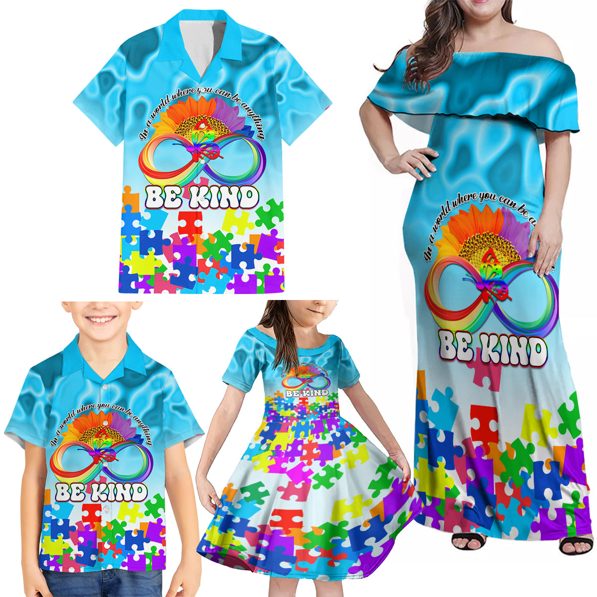 World Autism Awareness Day 2024 Family Matching Off Shoulder Maxi Dress and Hawaiian Shirt In A World Where You Can Be Anything Be Kind - Wonder Print Shop