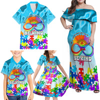 World Autism Awareness Day 2024 Family Matching Off Shoulder Maxi Dress and Hawaiian Shirt In A World Where You Can Be Anything Be Kind - Wonder Print Shop