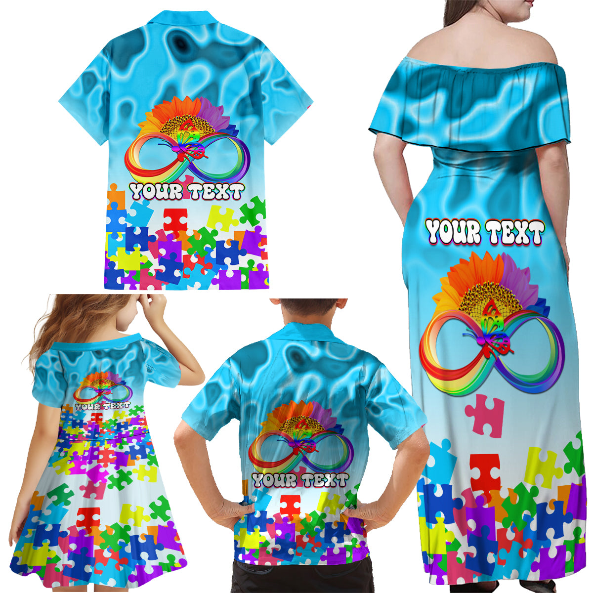World Autism Awareness Day 2024 Family Matching Off Shoulder Maxi Dress and Hawaiian Shirt In A World Where You Can Be Anything Be Kind - Wonder Print Shop
