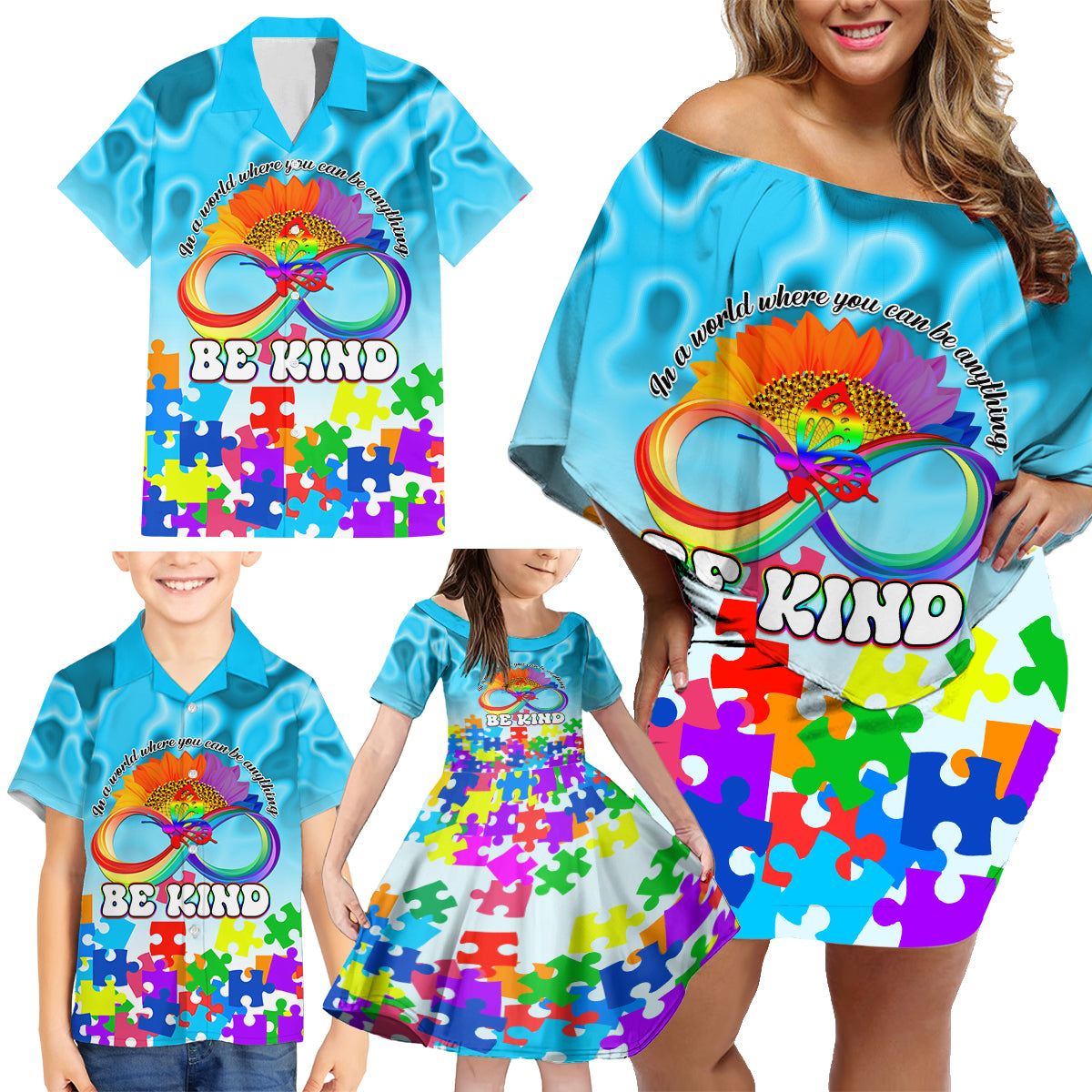 World Autism Awareness Day 2024 Family Matching Off Shoulder Short Dress and Hawaiian Shirt In A World Where You Can Be Anything Be Kind - Wonder Print Shop