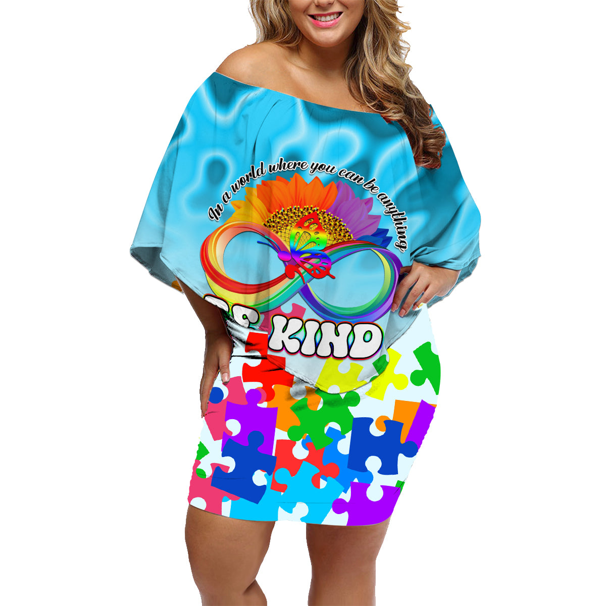 World Autism Awareness Day 2024 Family Matching Off Shoulder Short Dress and Hawaiian Shirt In A World Where You Can Be Anything Be Kind - Wonder Print Shop