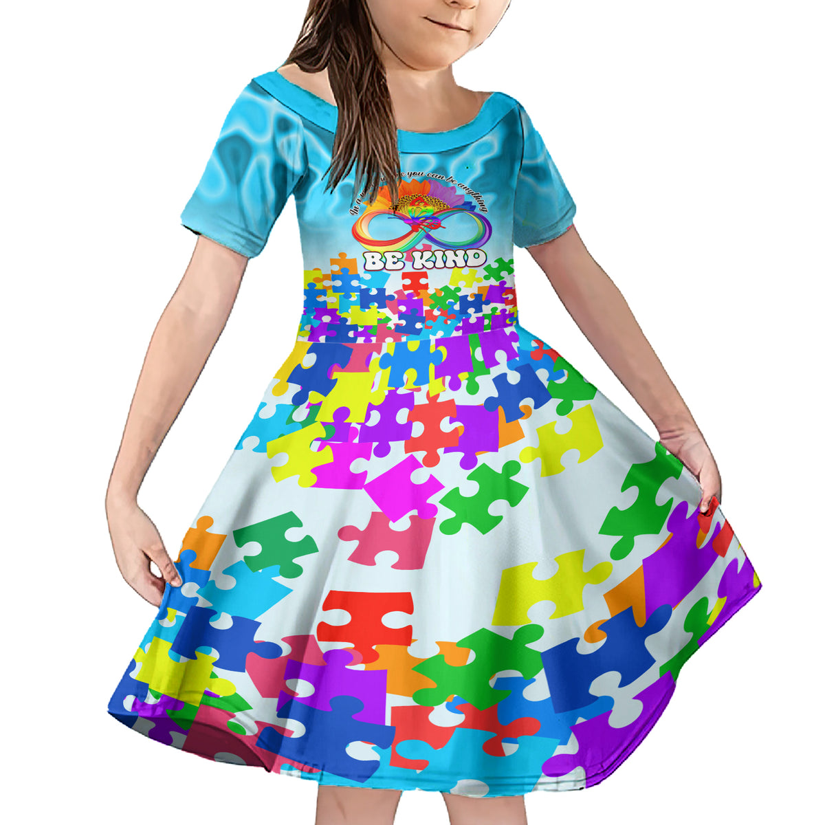 World Autism Awareness Day 2024 Family Matching Short Sleeve Bodycon Dress and Hawaiian Shirt In A World Where You Can Be Anything Be Kind - Wonder Print Shop