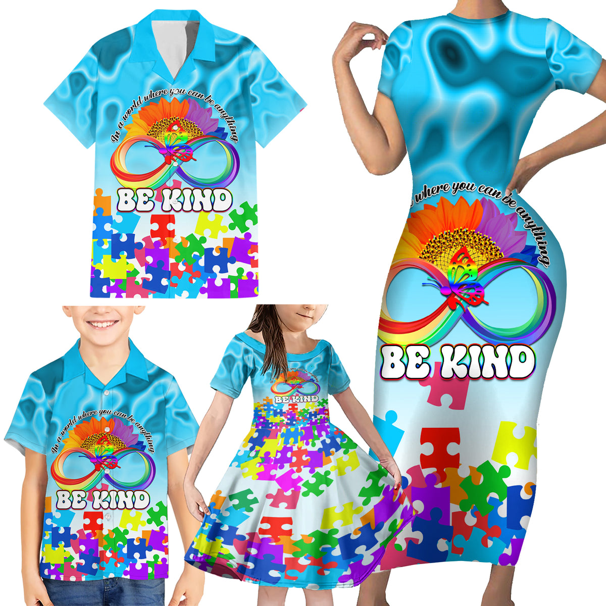 World Autism Awareness Day 2024 Family Matching Short Sleeve Bodycon Dress and Hawaiian Shirt In A World Where You Can Be Anything Be Kind - Wonder Print Shop