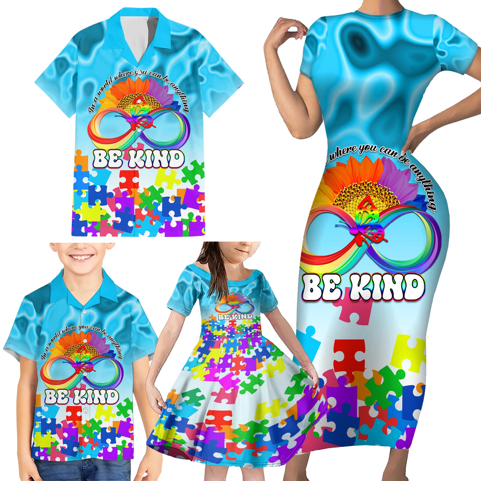 World Autism Awareness Day 2024 Family Matching Short Sleeve Bodycon Dress and Hawaiian Shirt In A World Where You Can Be Anything Be Kind - Wonder Print Shop