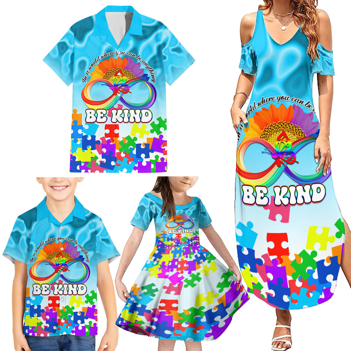 World Autism Awareness Day 2024 Family Matching Summer Maxi Dress and Hawaiian Shirt In A World Where You Can Be Anything Be Kind - Wonder Print Shop